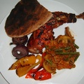 Tandoori_chicken_with_BBQ_d_red_onion_and_peppers__toasted_pitta_bread__mushroom_and_green_bean_bhaji.JPG