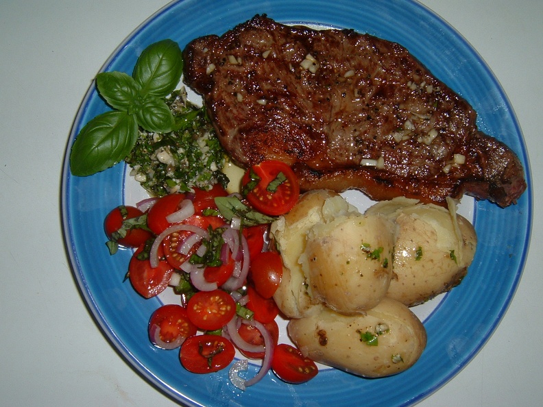 BBQ d sirloin with salsa verde  tomato basil salad and pots