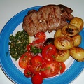Served with bbq d potatoes  salsa verde  amp  tomato basil salad
