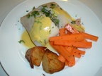 Lemon sole paupiettes with cumin roasties and tempered carrots